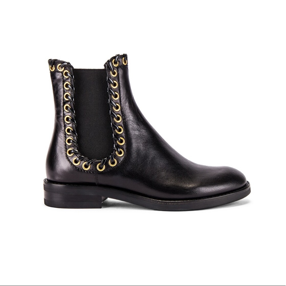 See By Chloe Helen Bootie Black Leather Combat Boots with Gold Accents